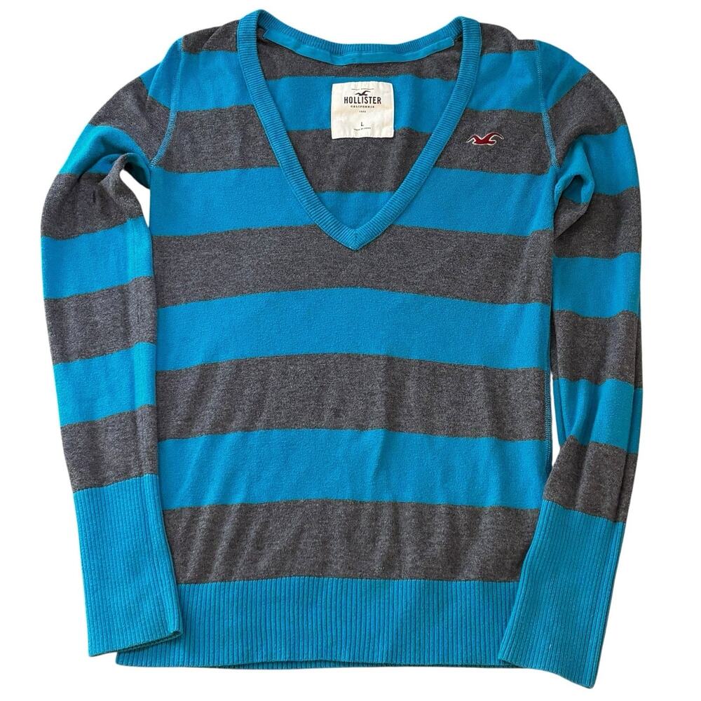 Y2K Hollister Striped Deep V-Neck Slim Large Blue Gray Cotton Blend Sweater